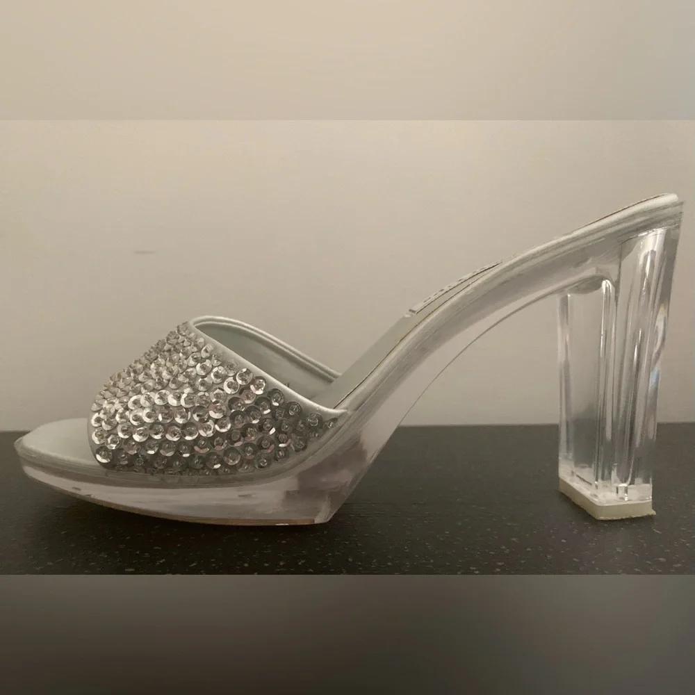 Vintage Silver Sequins High Heels with Clear Heels